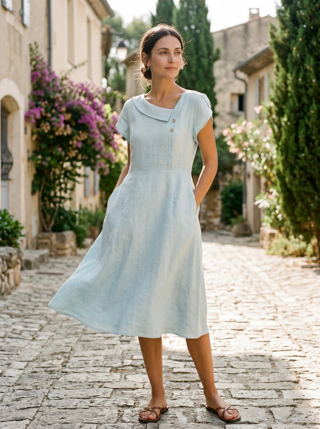 100% Linen Crescent Collar Flutter Sleeve Mini Dress FIONA  DestGlow