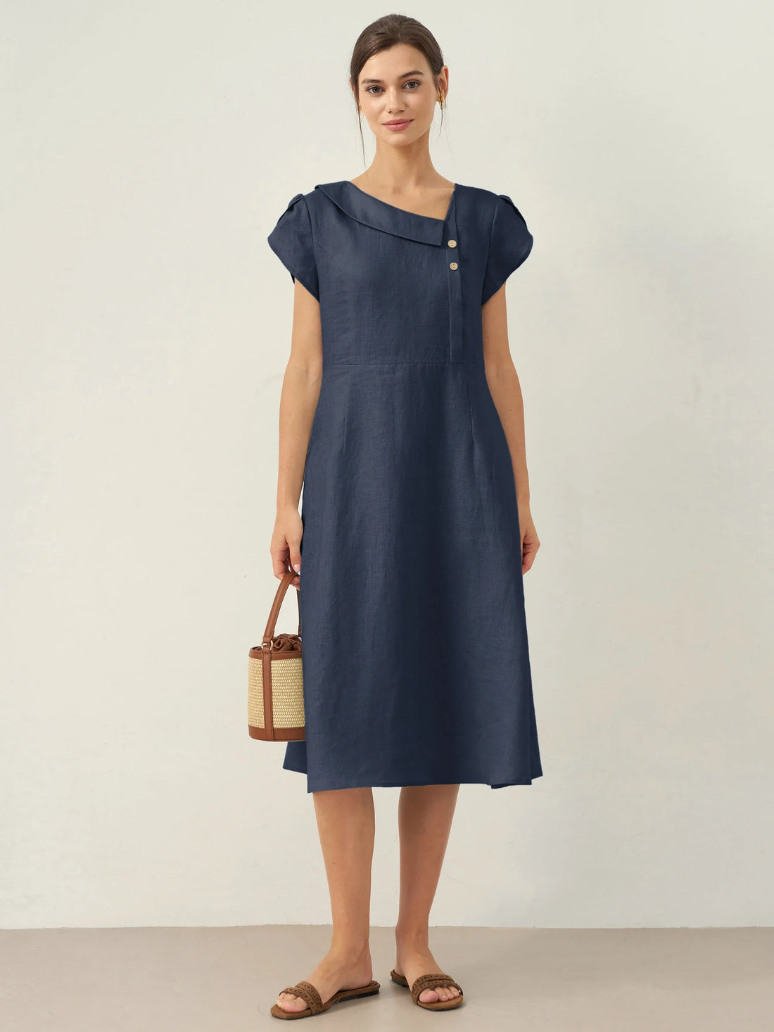 100% Linen Crescent Collar Flutter Sleeve Mini Dress FIONA  DestGlow
