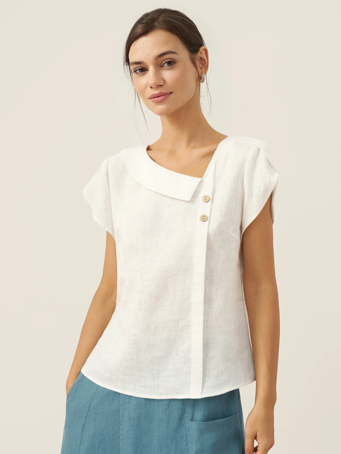100% Linen Crescent Collar Flutter Sleeve Top FARA by LINTICO
