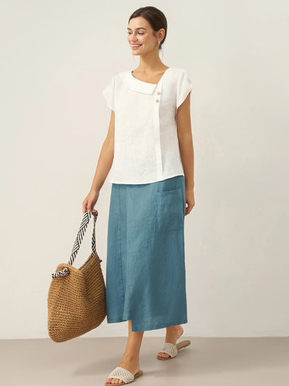 100% Linen Crescent Collar Flutter Sleeve Top FARA by LINTICO