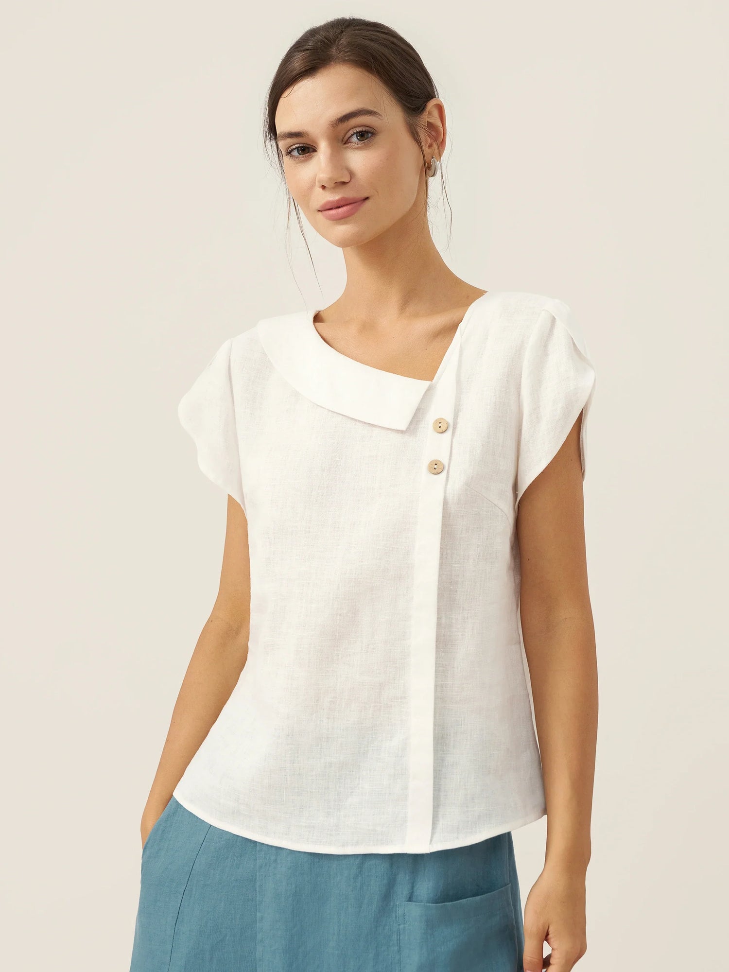 100% Linen Crescent Collar Flutter Sleeve Top FARA by LINTICO