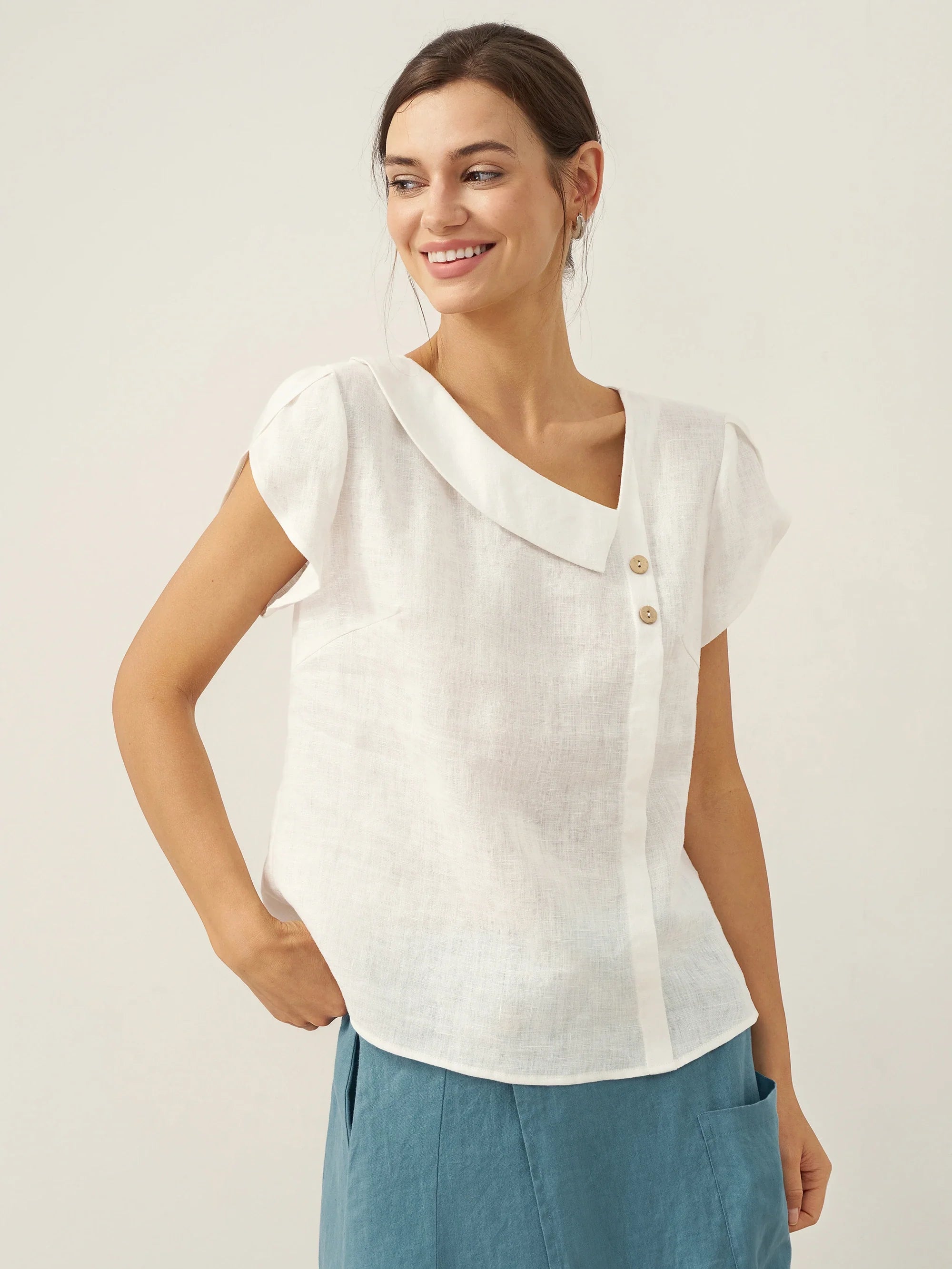 100% Linen Crescent Collar Flutter Sleeve Top FARA by LINTICO
