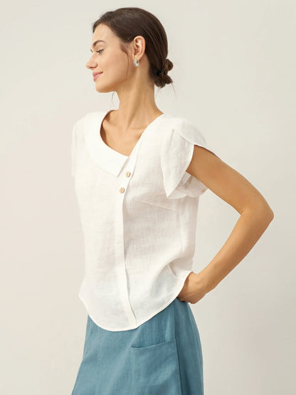100% Linen Crescent Collar Flutter Sleeve Top FARA by LINTICO