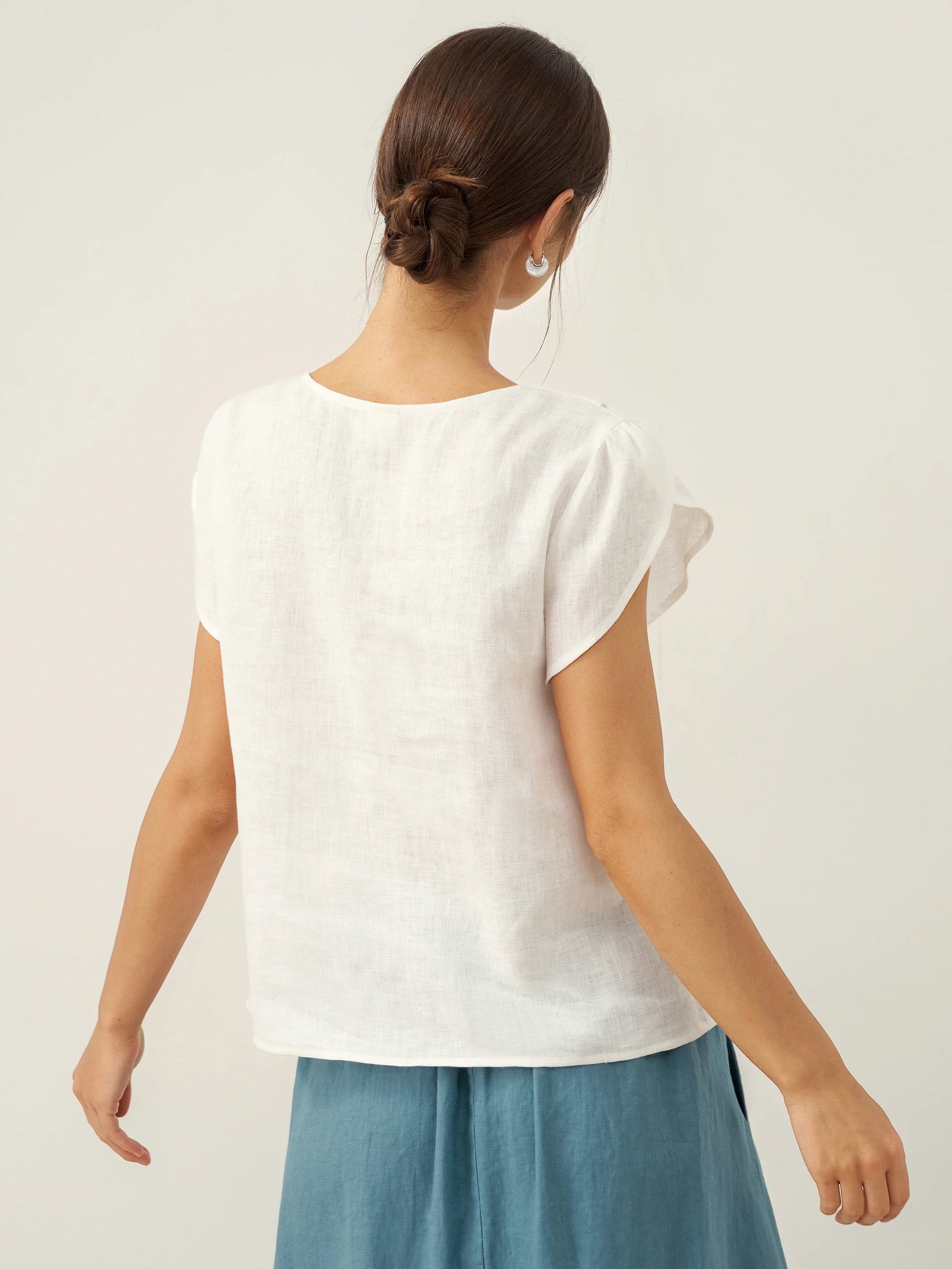 100% Linen Crescent Collar Flutter Sleeve Top FARA by LINTICO