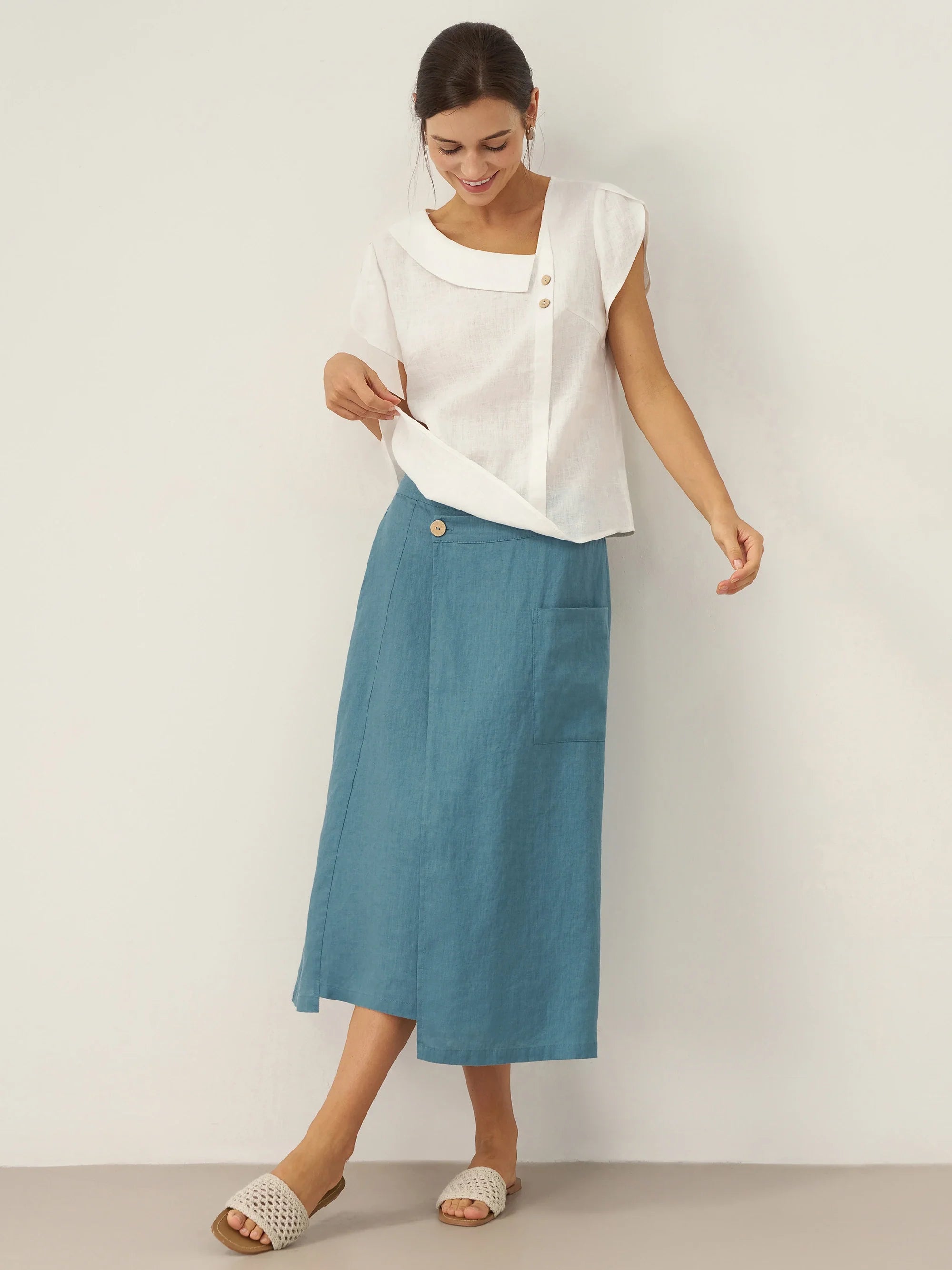 100% Linen Crescent Collar Flutter Sleeve Top FARA by LINTICO