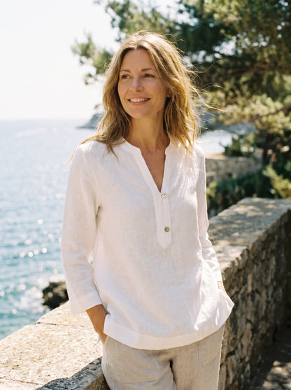 100% Linen Deep V-Neck Pullover with Button-Trim JOLYNE by LINTICO