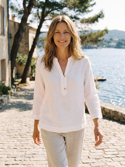 100% Linen Deep V-Neck Pullover with Button-Trim JOLYNE by LINTICO