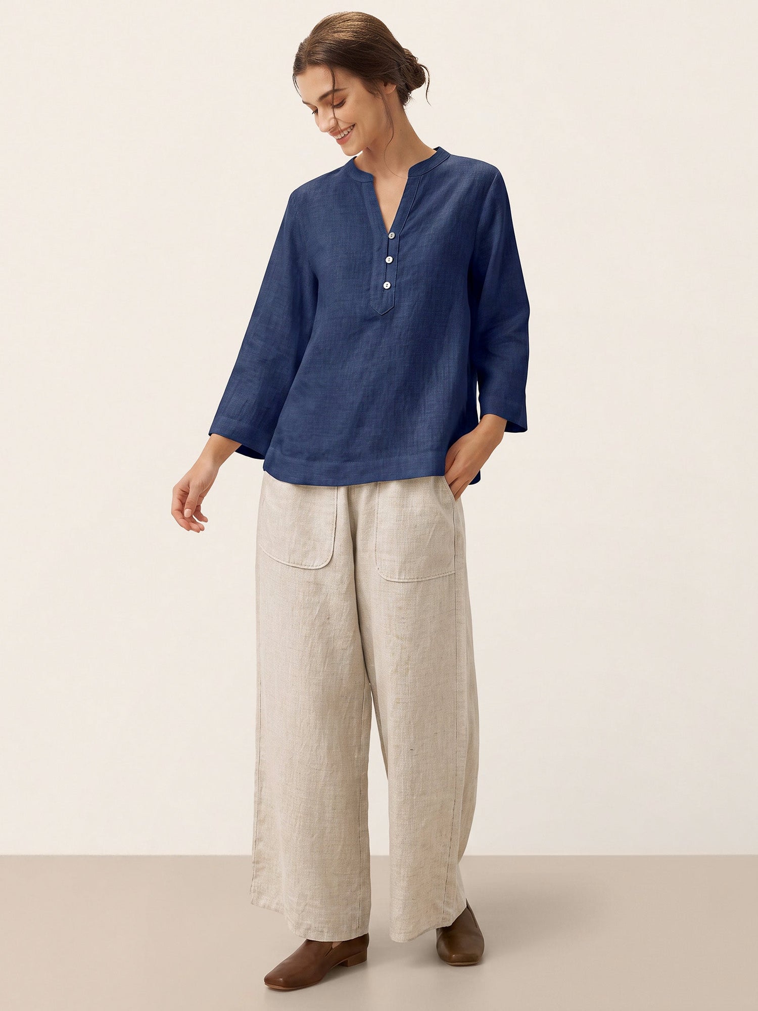 100% Linen Deep V-Neck Pullover with Button-Trim JOLYNE  DestGlow