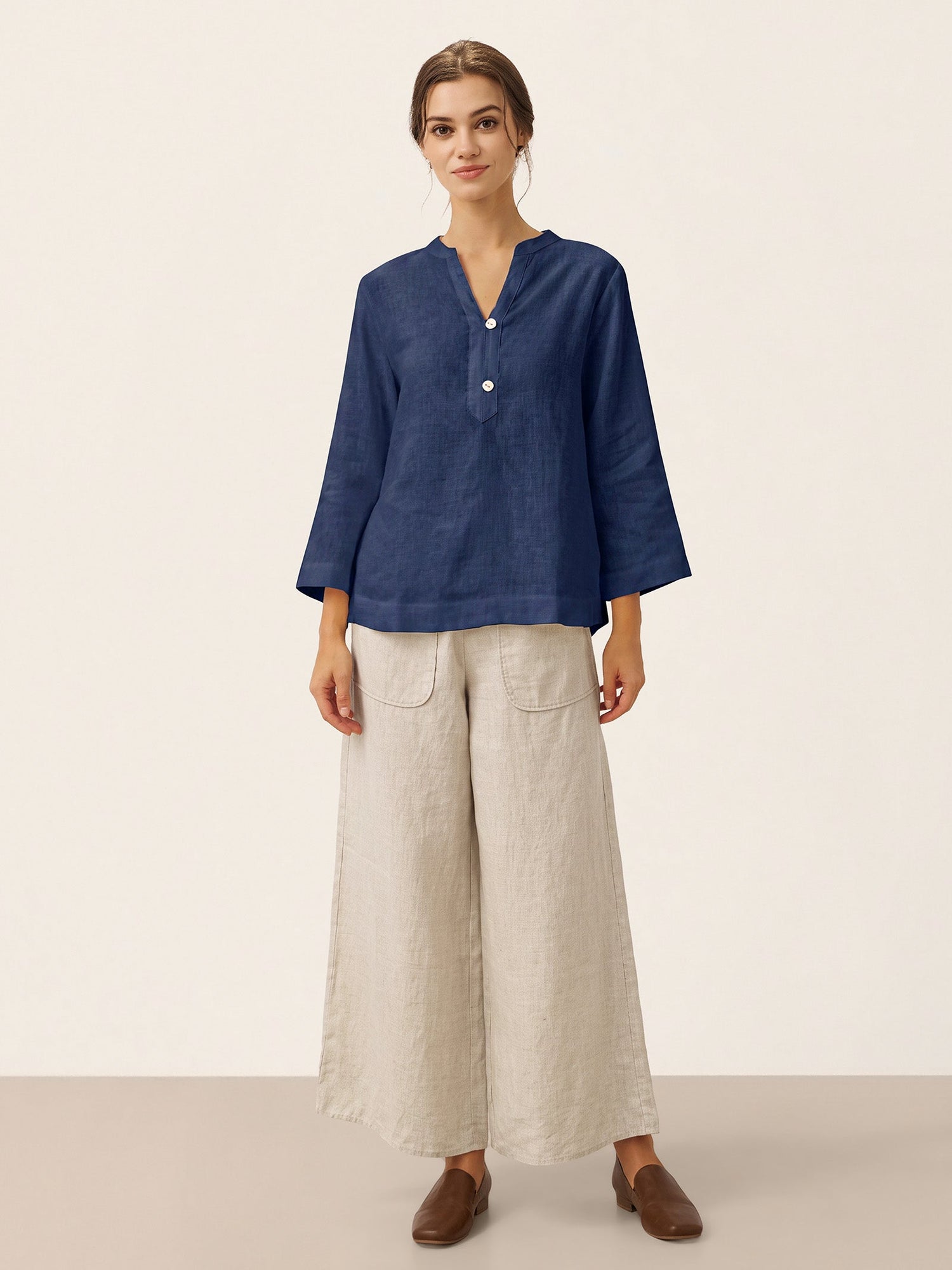 100% Linen Deep V-Neck Pullover with Button-Trim JOLYNE  DestGlow