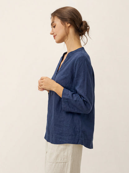 100% Linen Deep V-Neck Pullover with Button-Trim JOLYNE  DestGlow