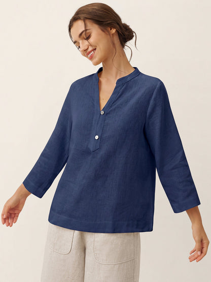 100% Linen Deep V-Neck Pullover with Button-Trim JOLYNE  DestGlow