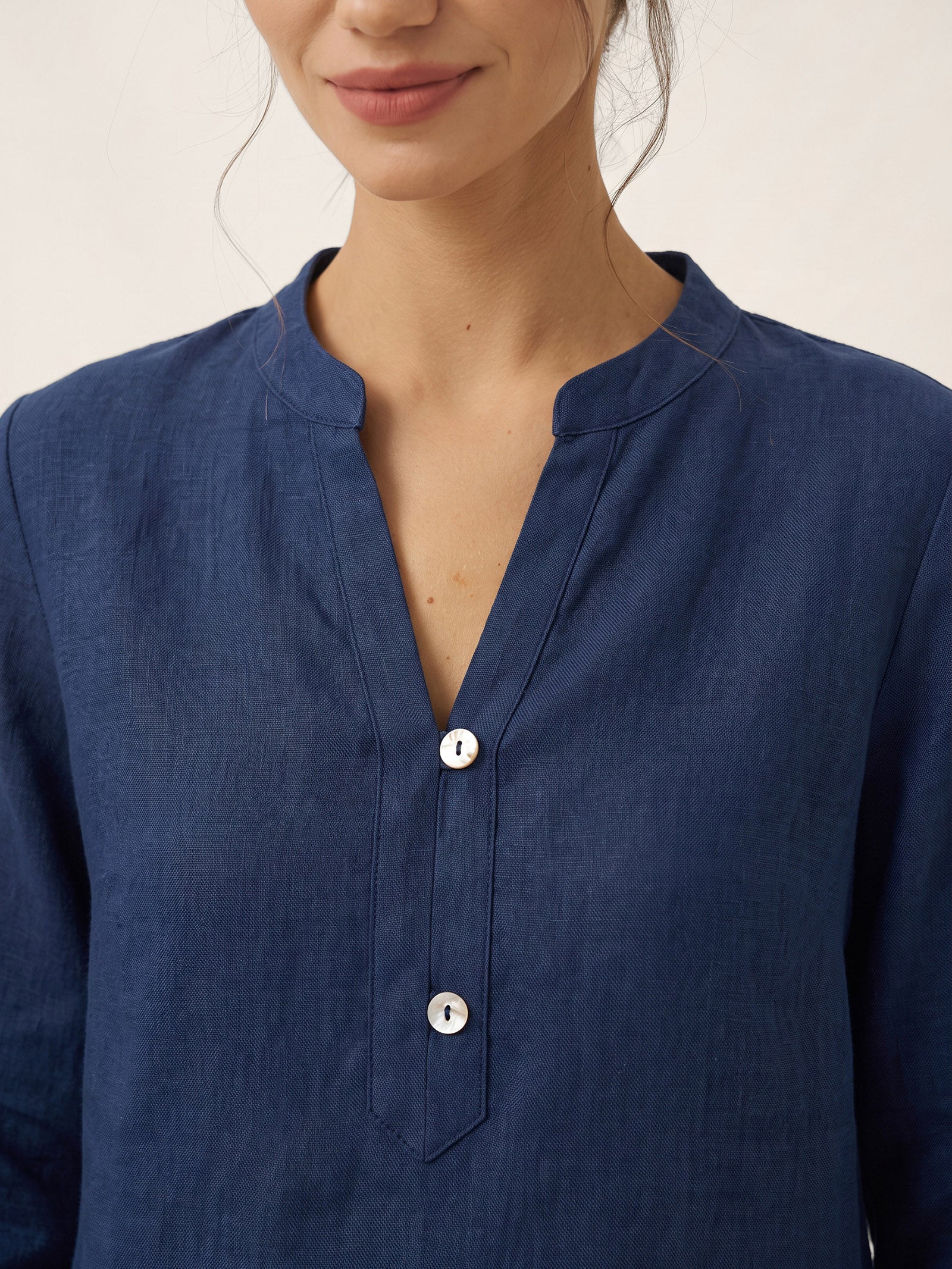 100% Linen Deep V-Neck Pullover with Button-Trim JOLYNE  DestGlow