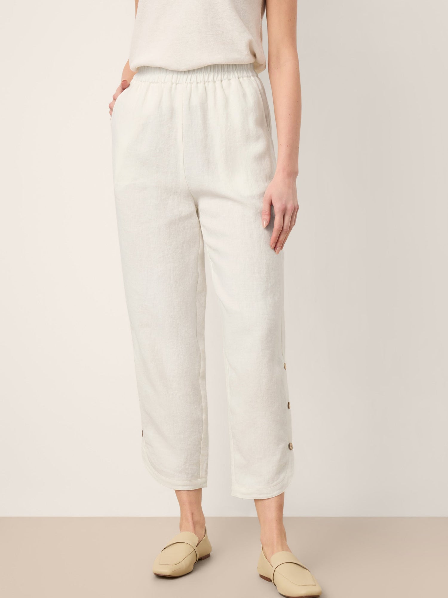 100% Linen Double Pleat Button Hem Pull-On Pants LINDSEY by LINTICO