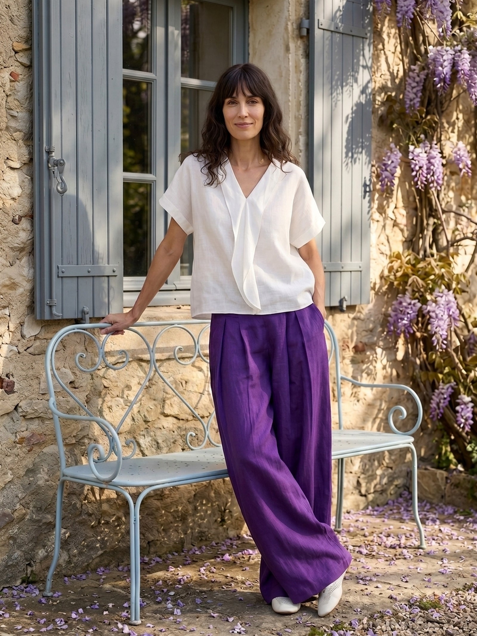 100% Linen Double Ruffle Soft Collar Top VERONICA by LINTICO