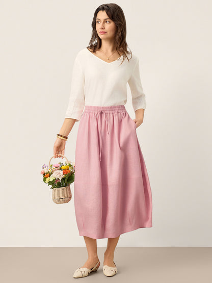 100% Linen Drawstring Lantern Maxi Skirt with Pockets ROXANNE by LINTICO