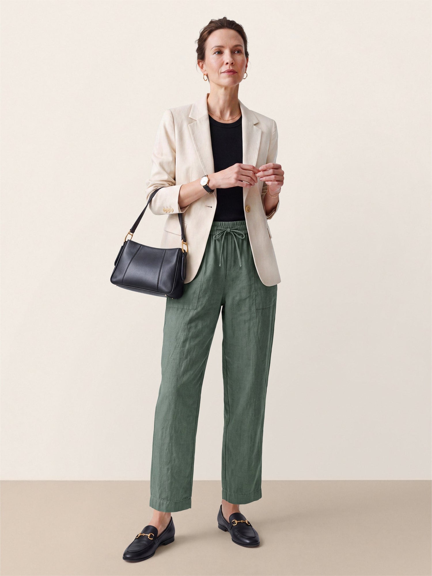 100% Linen Drawstring Utility Ankle Pants AMELINE  DestGlow