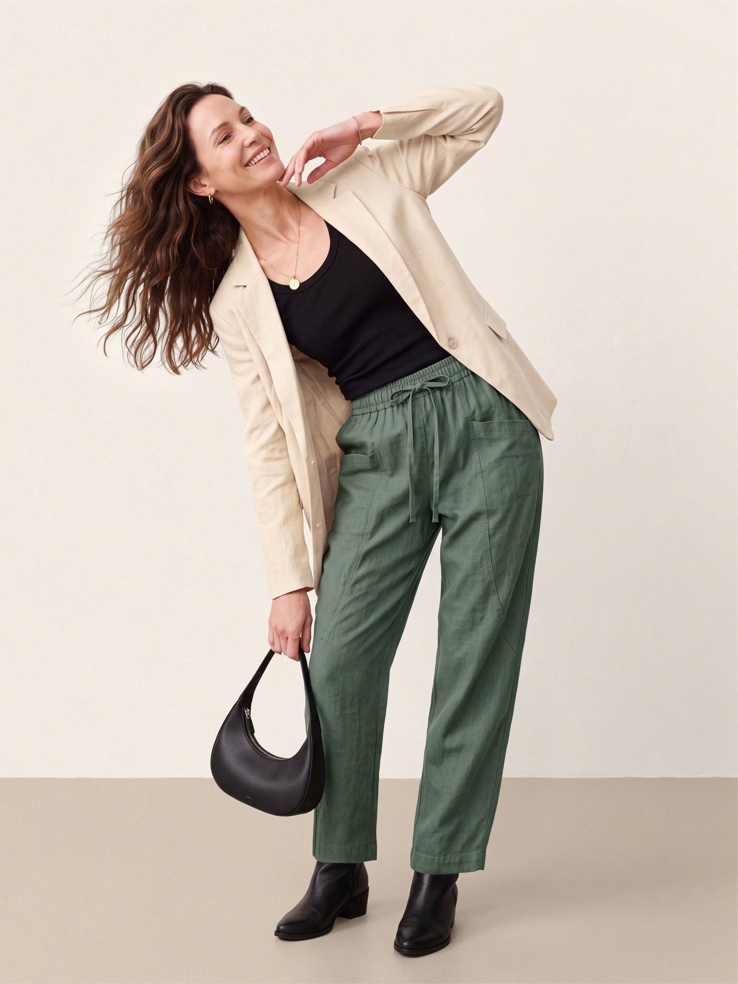 100% Linen Drawstring Utility Ankle Pants AMELINE  DestGlow