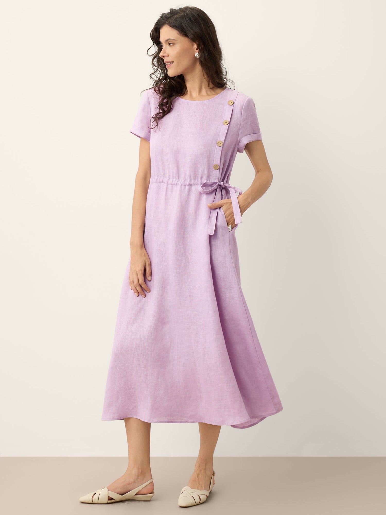 100% Linen Drawstring Waist Button Detail Midi Dress SENNA by LINTICO