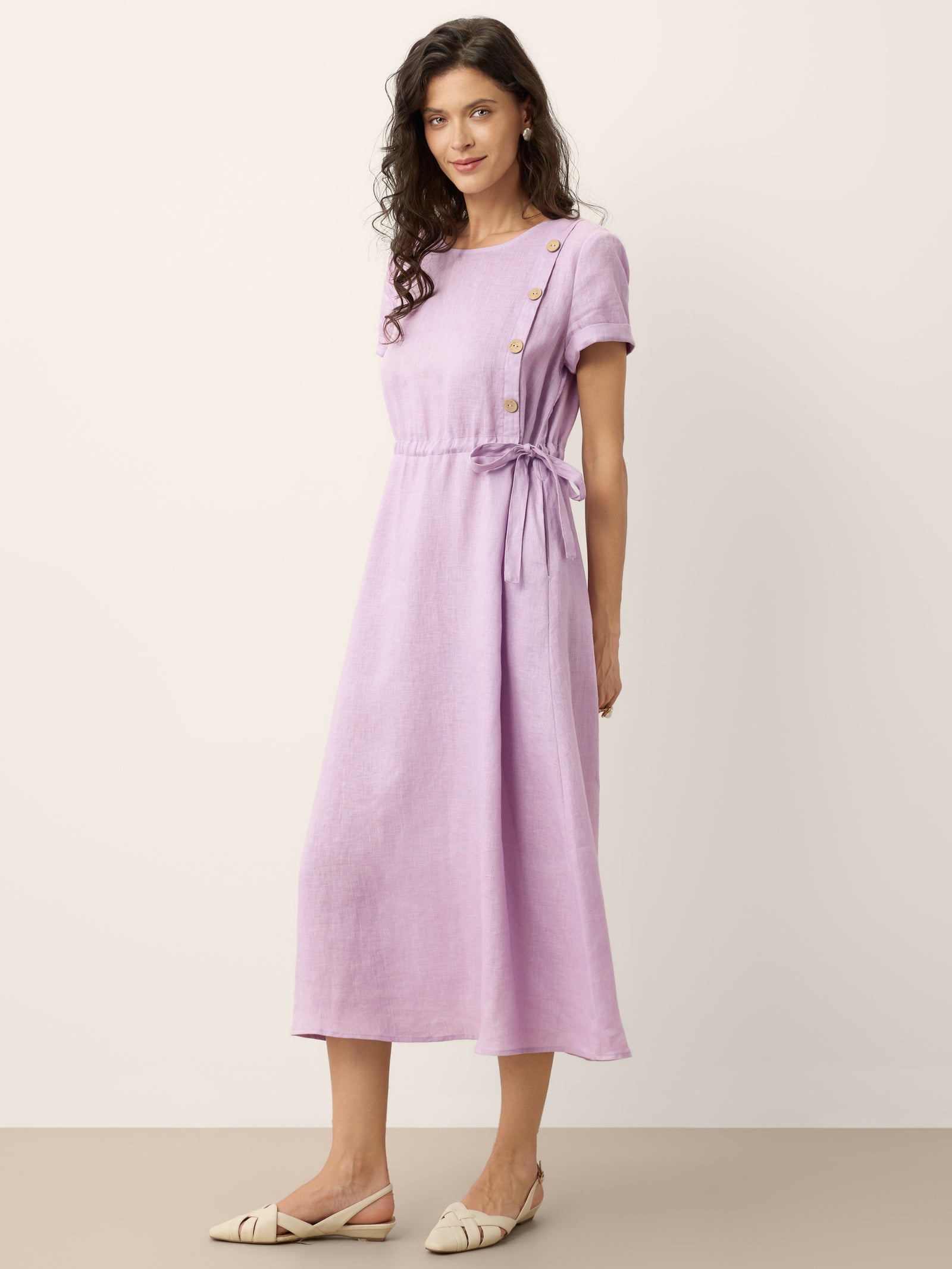 100% Linen Drawstring Waist Button Detail Midi Dress SENNA by LINTICO