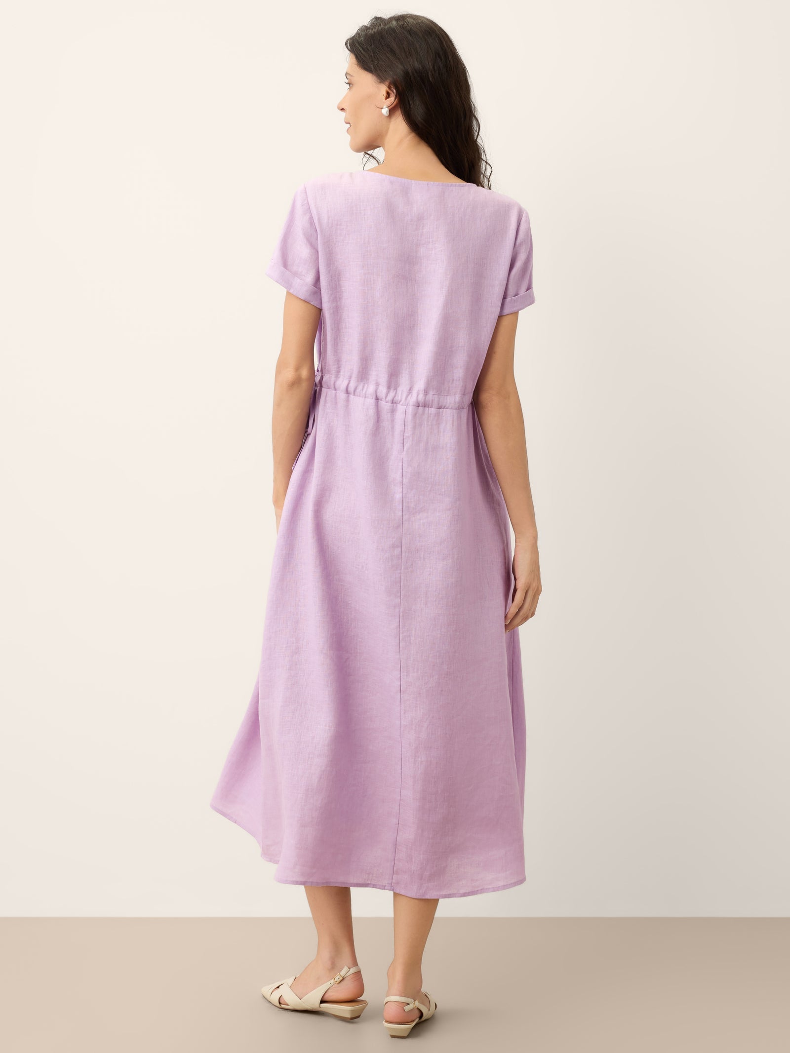 100% Linen Drawstring Waist Button Detail Midi Dress SENNA by LINTICO