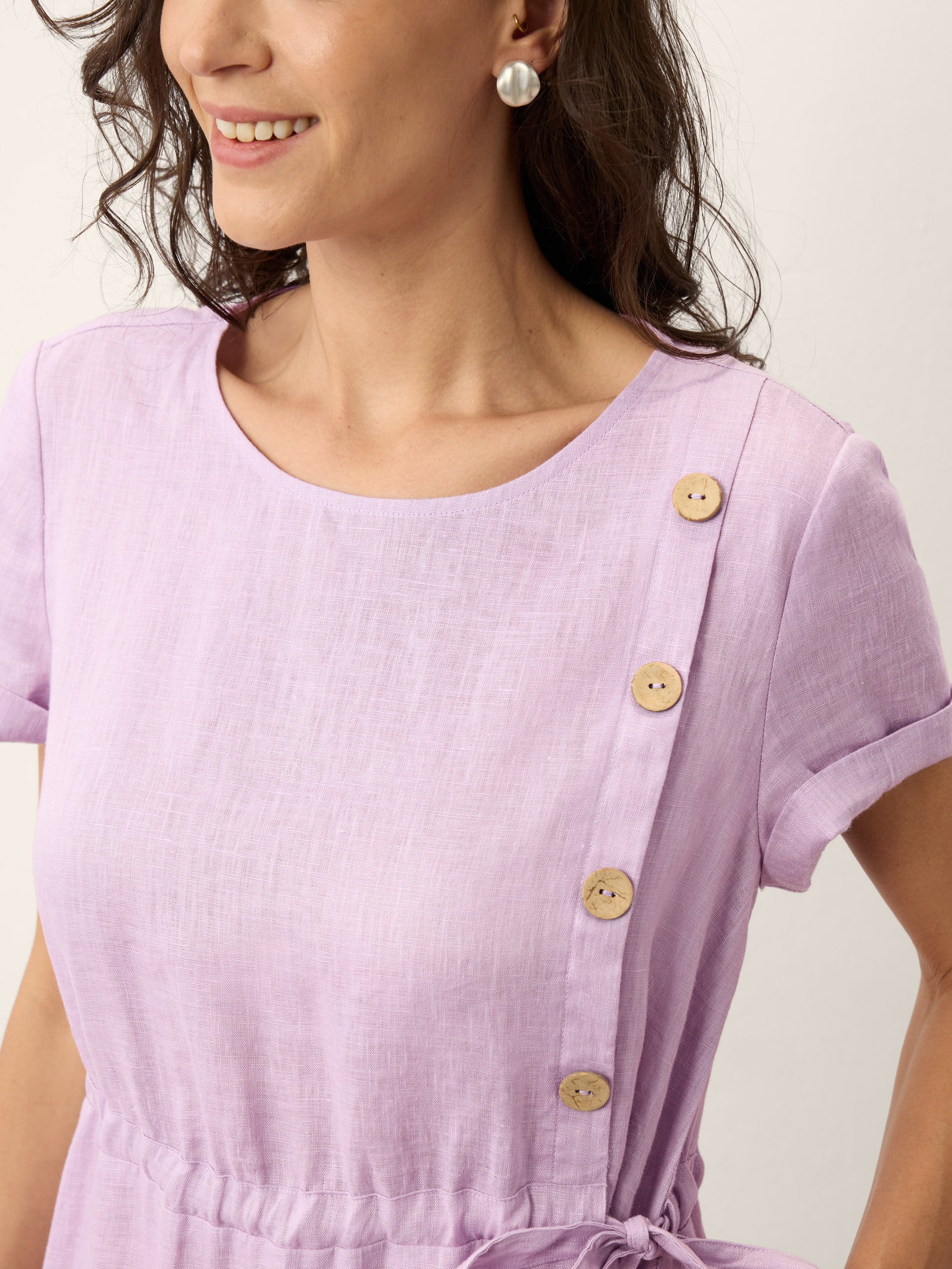 100% Linen Drawstring Waist Button Detail Midi Dress SENNA by LINTICO