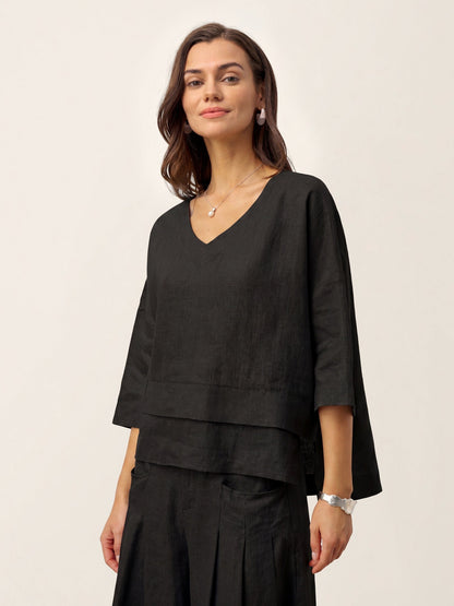 100% Linen Drop Shoulder Asymmetric Layered Hem Overtop VIOLA by LINTICO