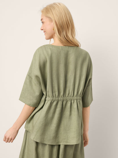 100% Linen Drop Shoulder Shirred Back High-Low Hem Top LINDSEY by LINTICO