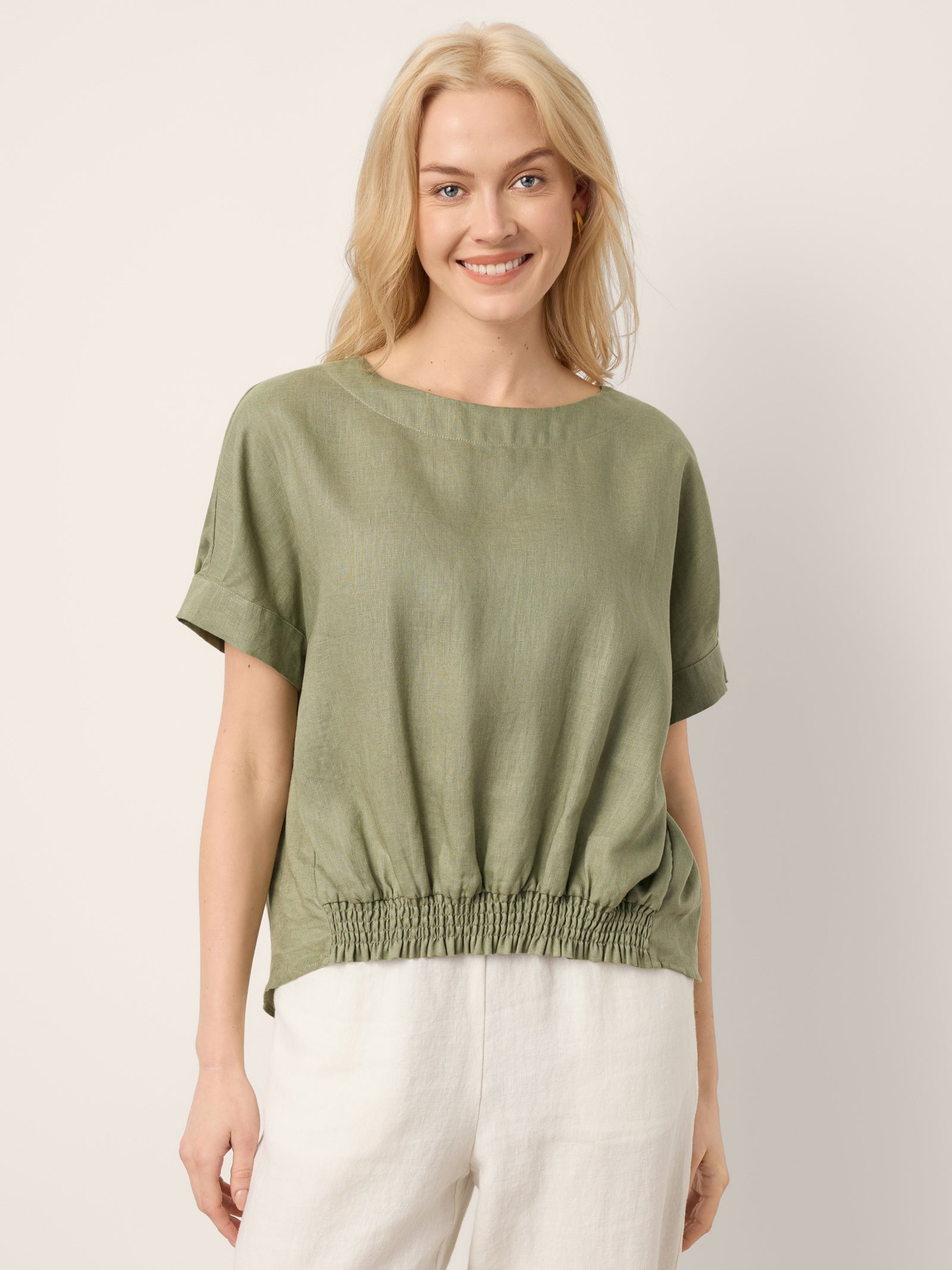 100% Linen Drop Shoulder Split-Back Double Shirred Hem Top LINDSEY by LINTICO