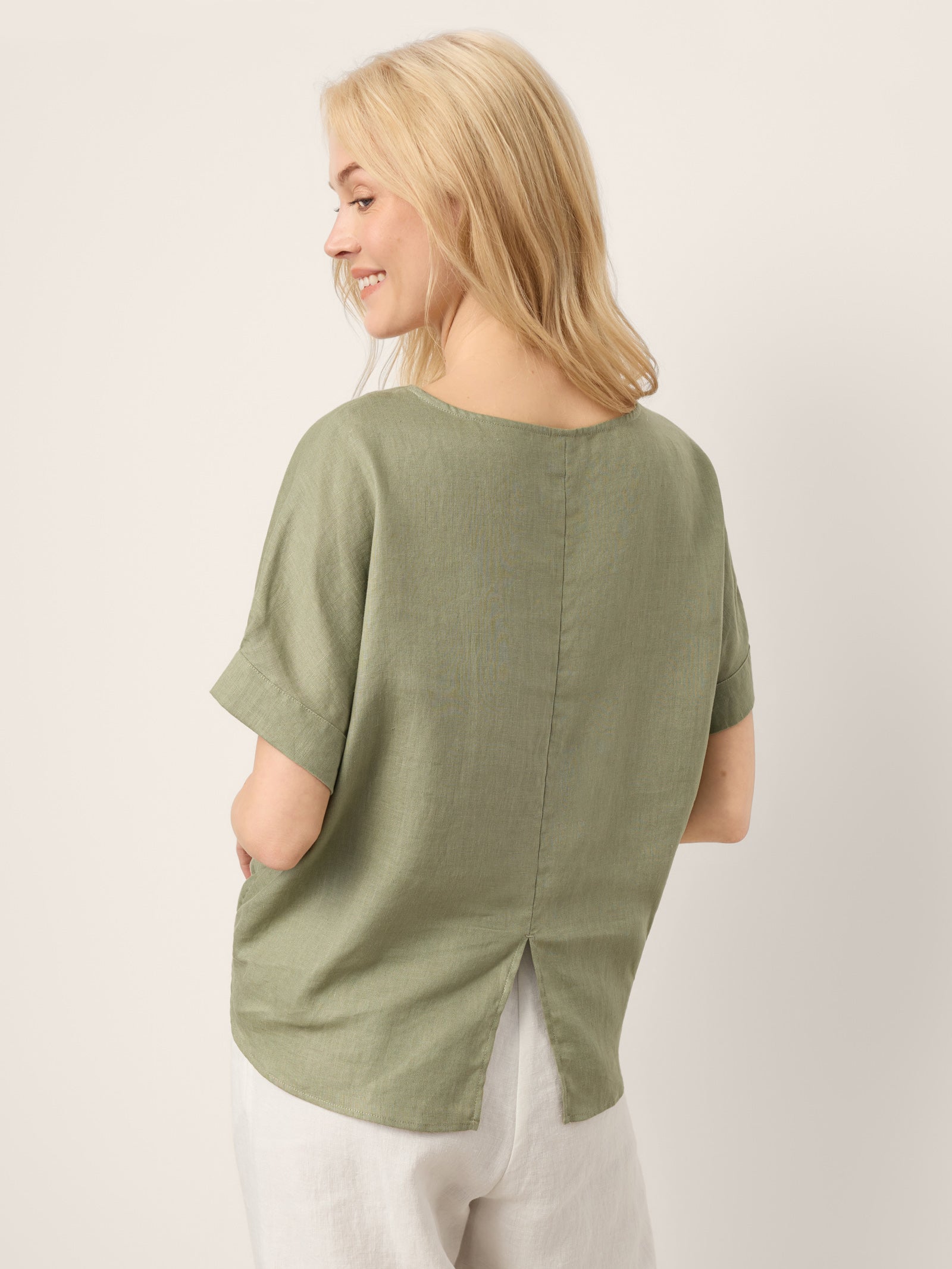 100% Linen Drop Shoulder Split-Back Double Shirred Hem Top LINDSEY by LINTICO