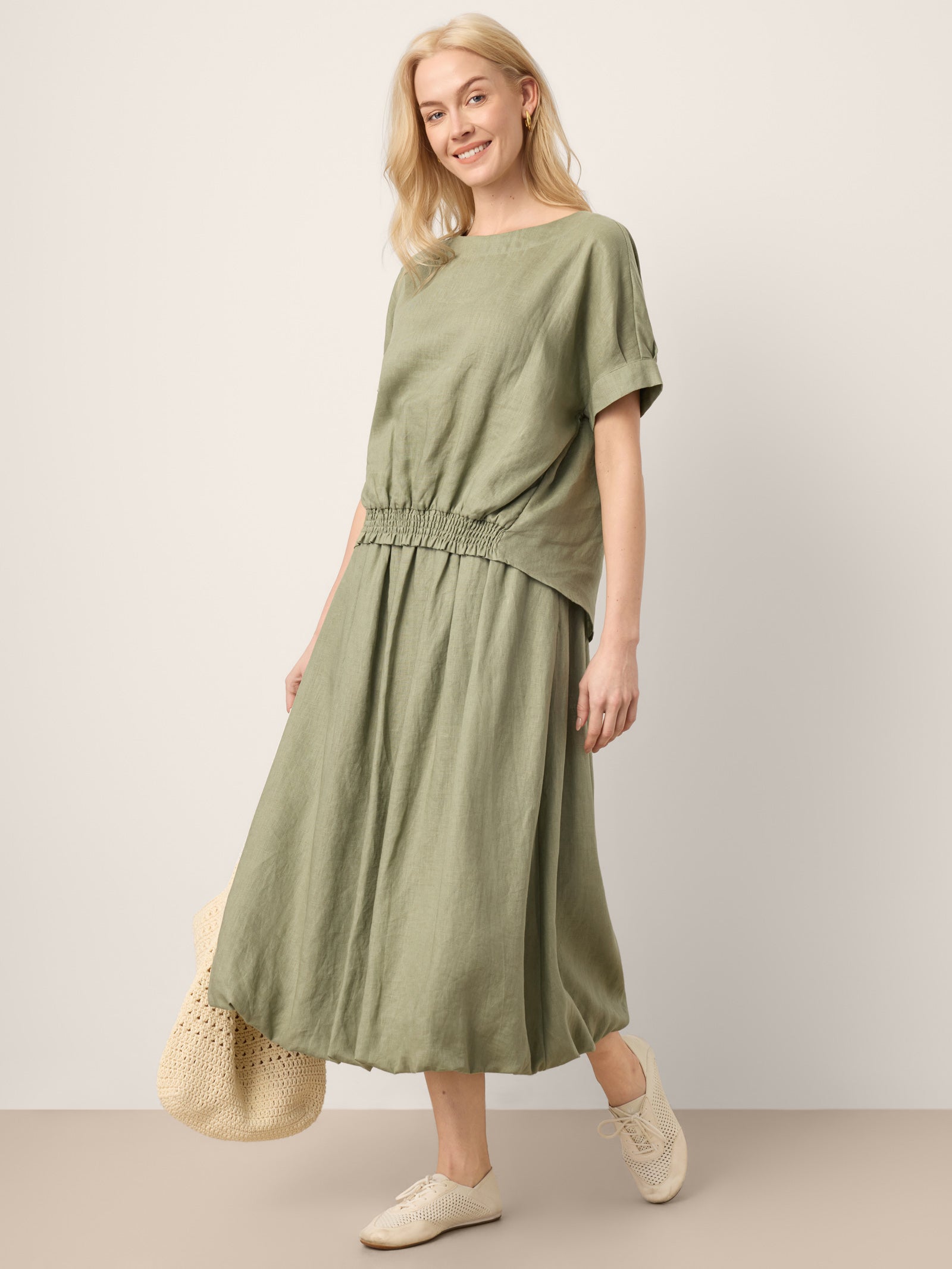 100% Linen Drop Shoulder Split-Back Double Shirred Hem Top LINDSEY by LINTICO