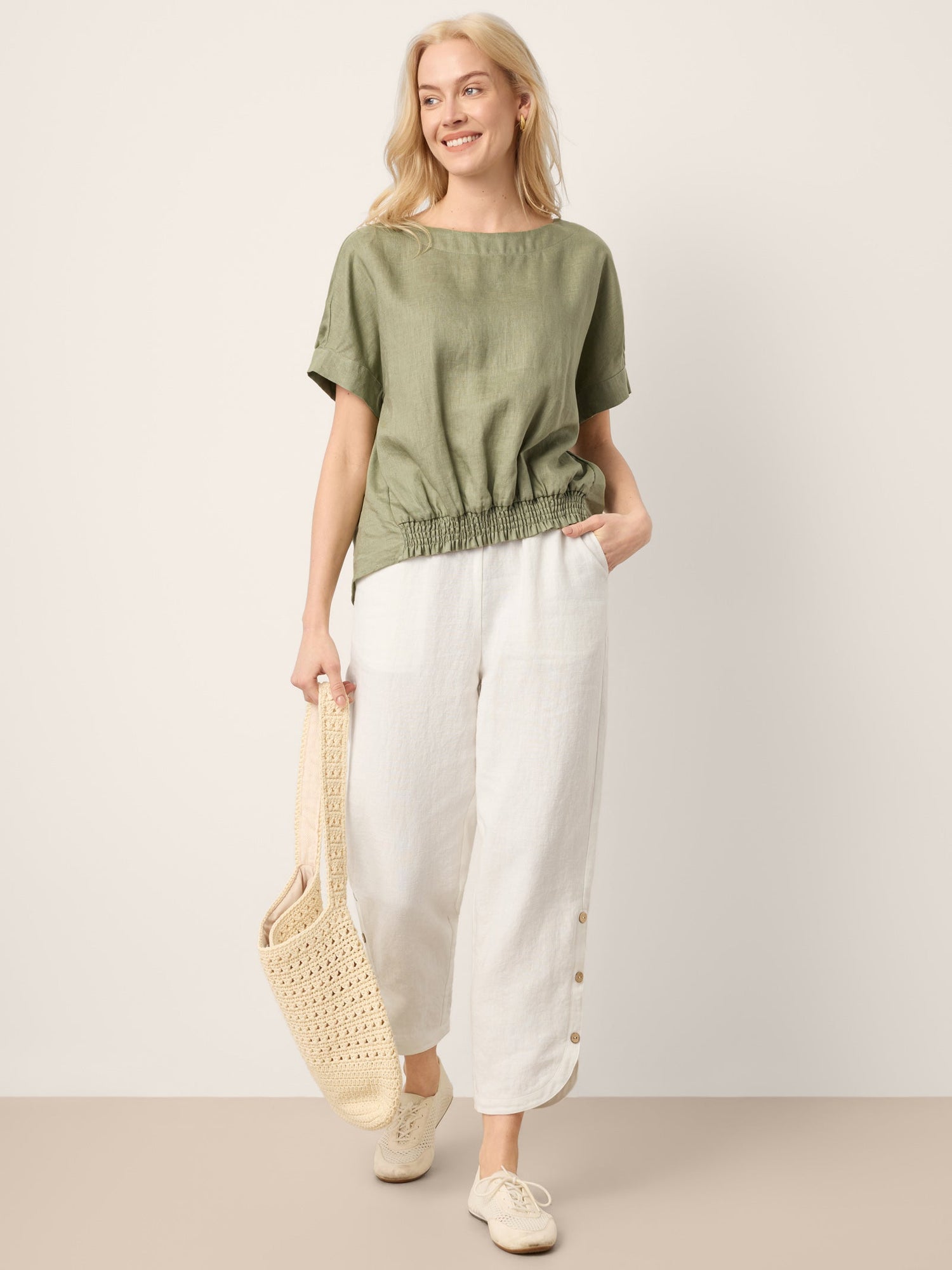 100% Linen Drop Shoulder Split-Back Double Shirred Hem Top LINDSEY by LINTICO