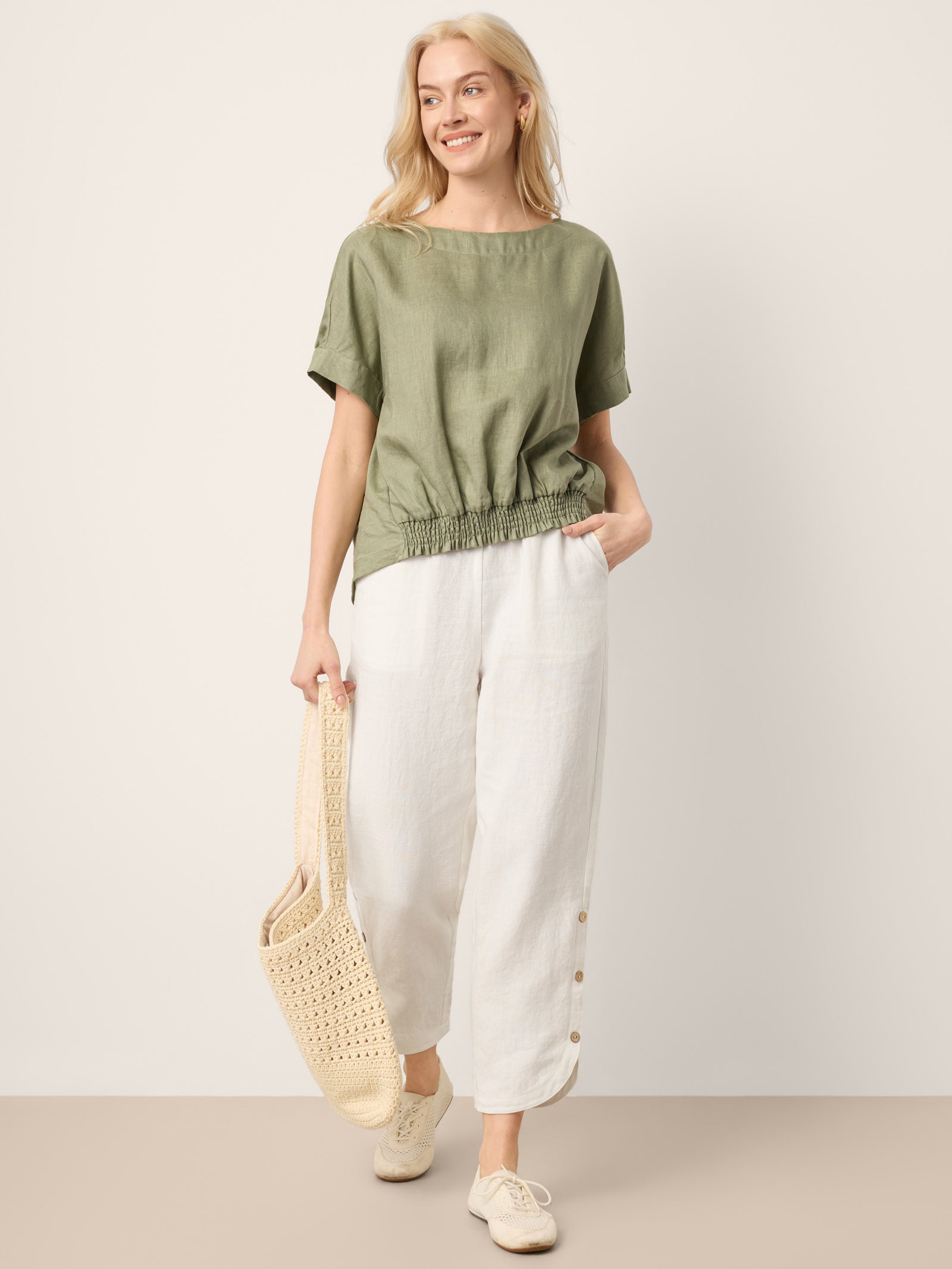 100% Linen Drop Shoulder Split-Back Double Shirred Hem Top LINDSEY by LINTICO