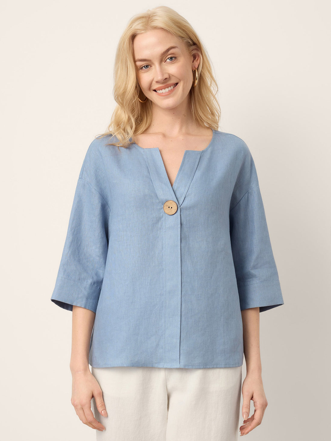 100% Linen Drop Shoulder V-Neck Statement Button Top LISARA by LINTICO