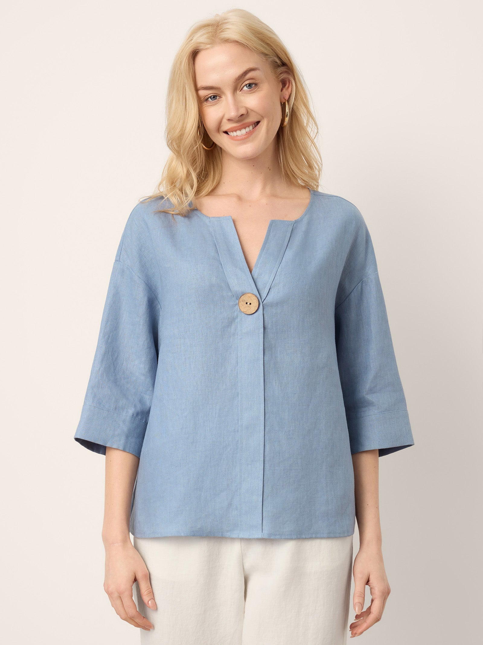 100% Linen Drop Shoulder V-Neck Statement Button Top LISARA by LINTICO