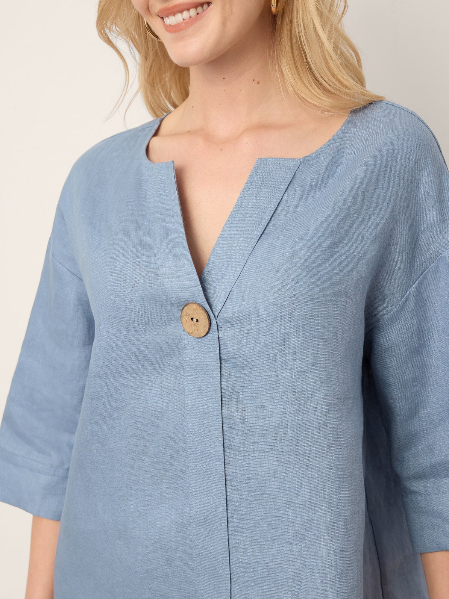 100% Linen Drop Shoulder V-Neck Statement Button Top LISARA by LINTICO