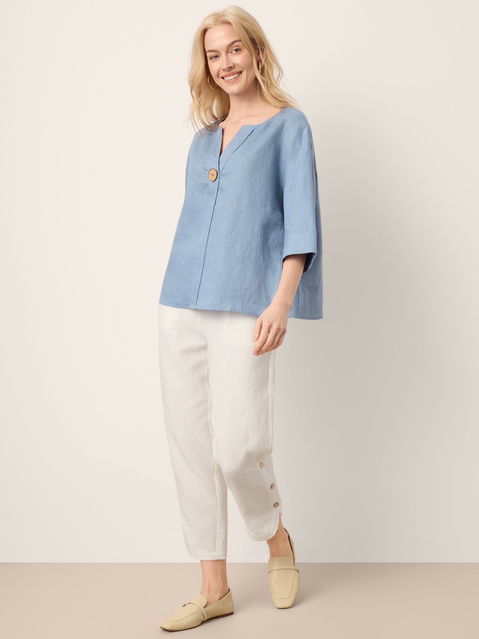 100% Linen Drop Shoulder V-Neck Statement Button Top LISARA by LINTICO