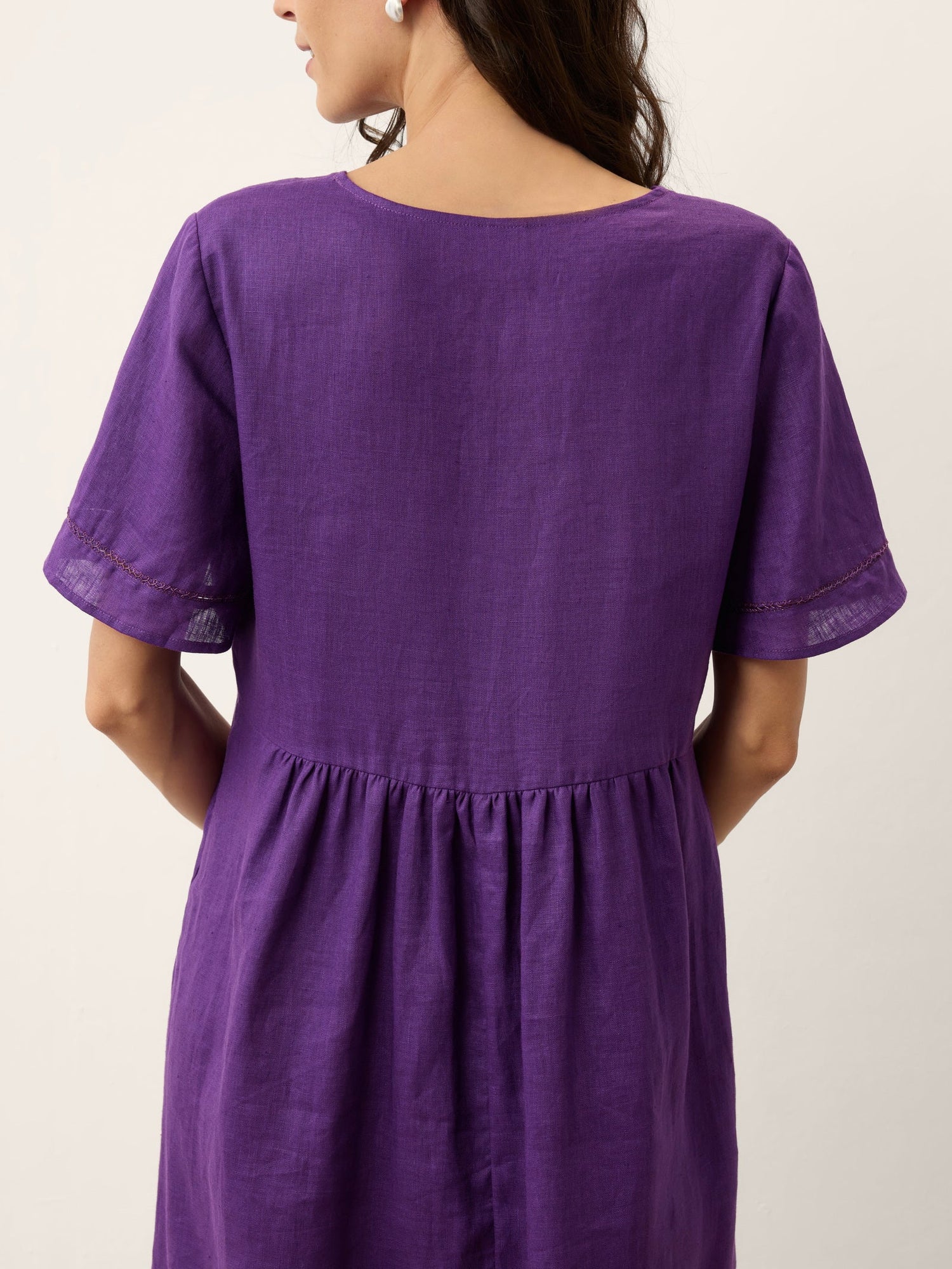 100% Linen Embroidered Cuff Split Neck Midi Dress OCTAVIA by LINTICO