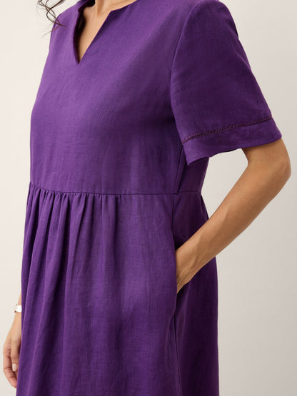 100% Linen Embroidered Cuff Split Neck Midi Dress OCTAVIA by LINTICO