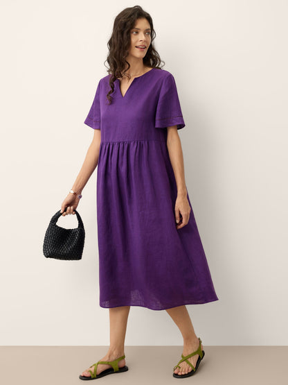 100% Linen Embroidered Cuff Split Neck Midi Dress OCTAVIA by LINTICO