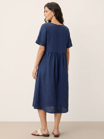100% Linen Embroidered Cuff Split Neck Midi Dress OCTAVIA by LINTICO