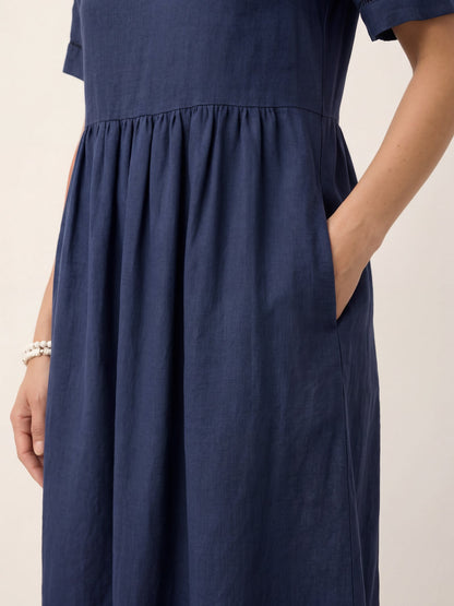 100% Linen Embroidered Cuff Split Neck Midi Dress OCTAVIA by LINTICO