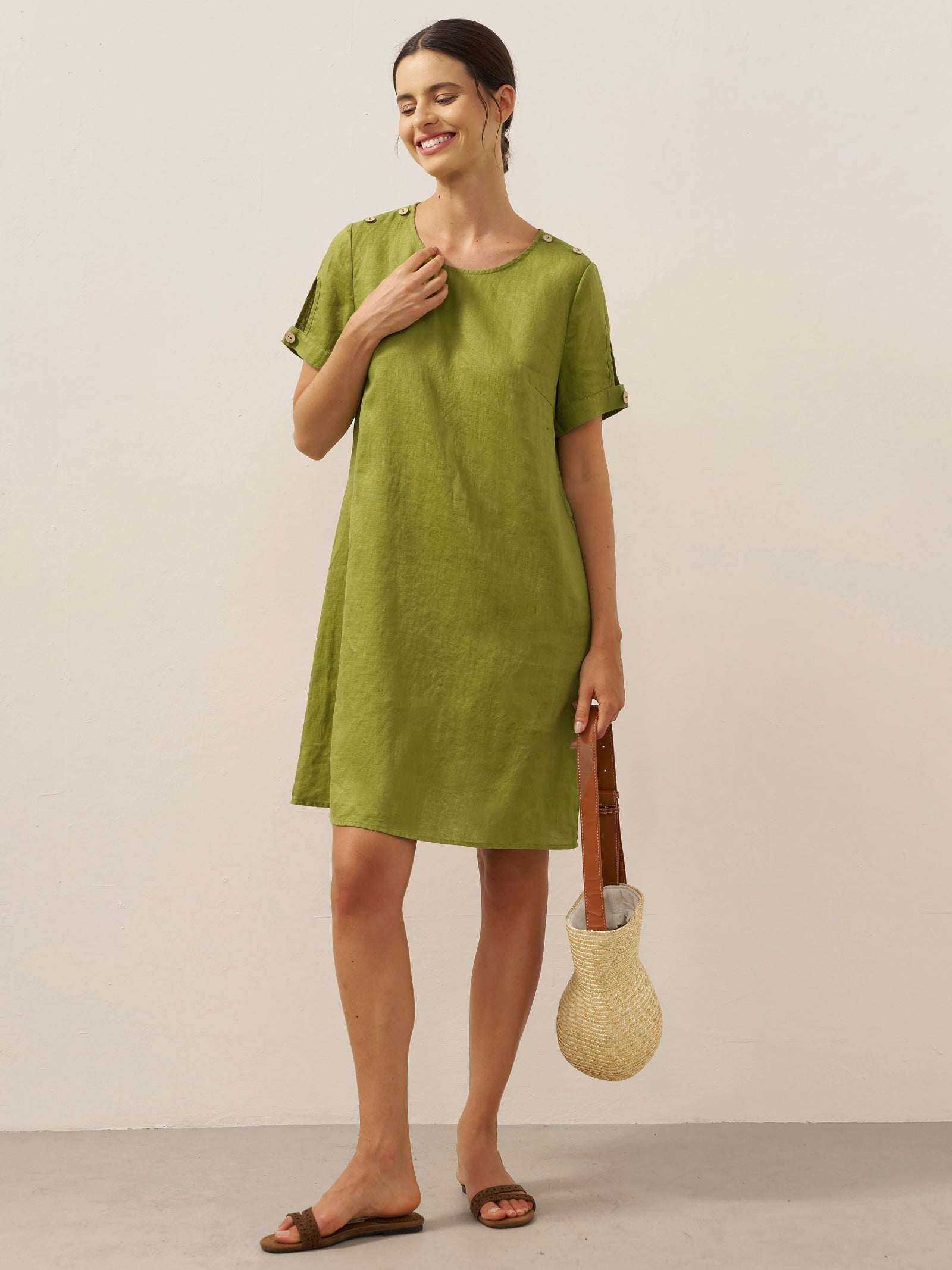 100% Linen Eyelet Short Sleeve Mini Dress LIA by LINTICO