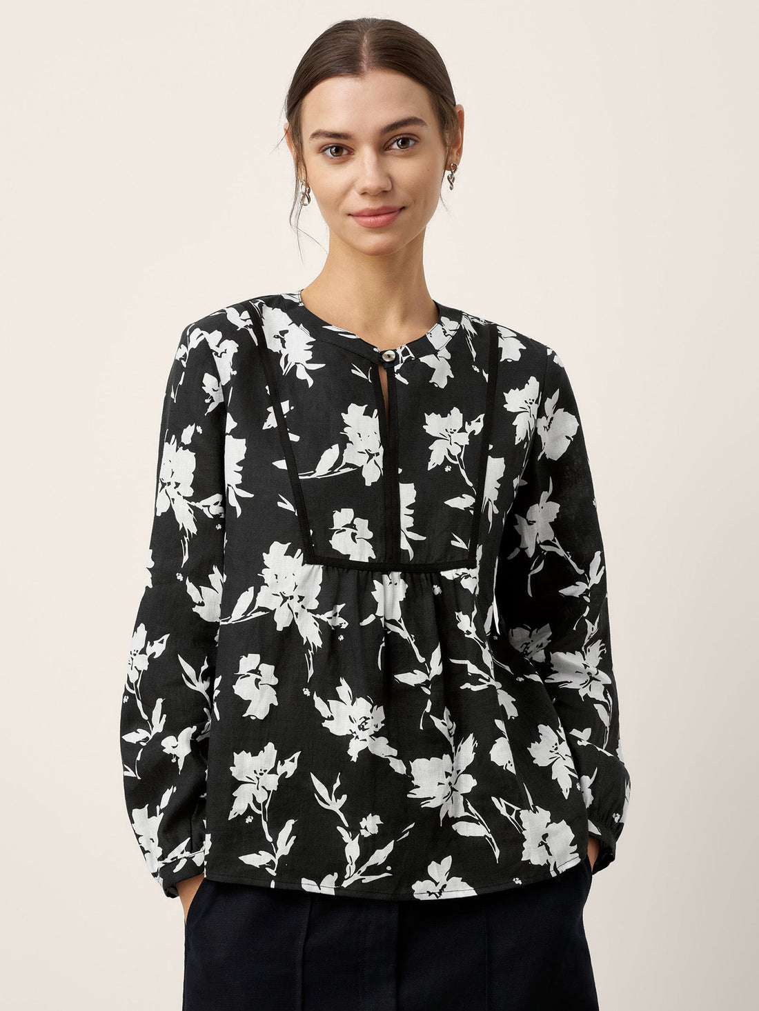 100% Linen Floral Printed Gathered Pullover Top AMIYA by LINTICO