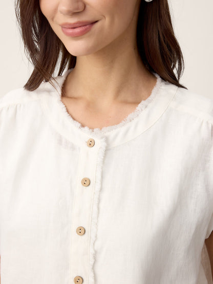 100% Linen Frayed-Trim Drop-Shoulder Top INDIRA by LINTICO