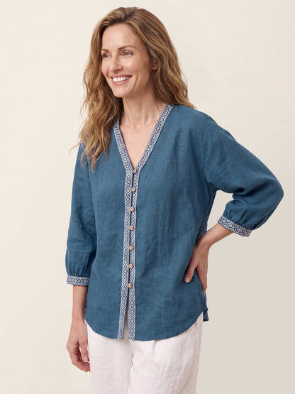 100% Linen Geometric Trim V-Neck Shirt SORAYA  DestGlow