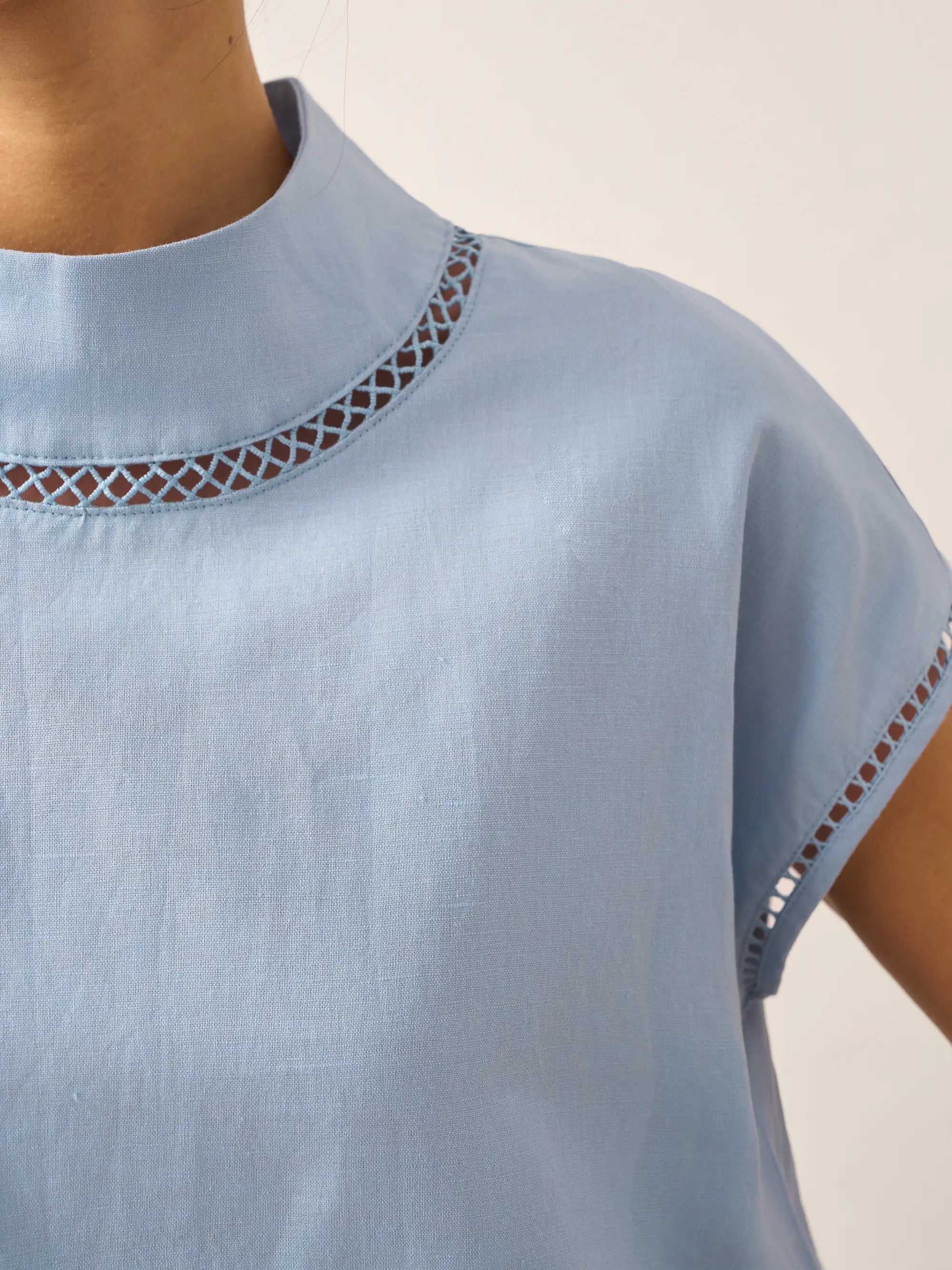 100% Linen Gingham Checked Cutout Turtleneck Top CAROL by LINTICO