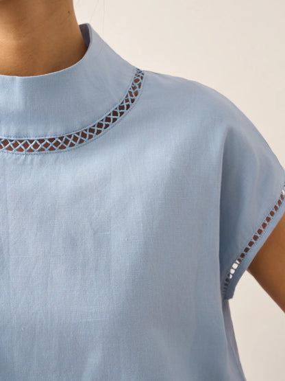 100% Linen Gingham Checked Cutout Turtleneck Top CAROL by LINTICO