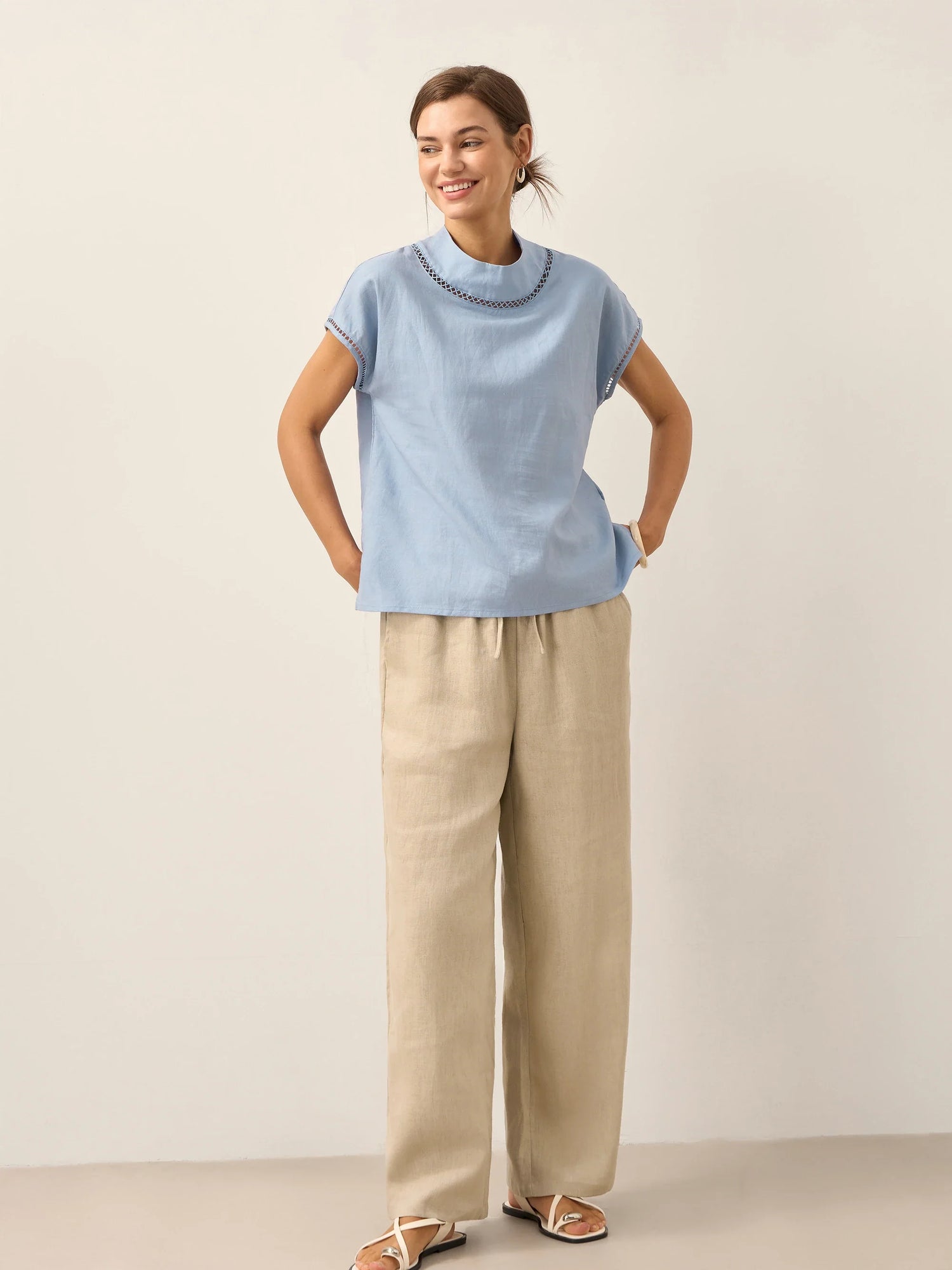 100% Linen Gingham Checked Cutout Turtleneck Top CAROL by LINTICO