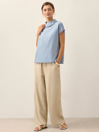 100% Linen Gingham Checked Cutout Turtleneck Top CAROL 