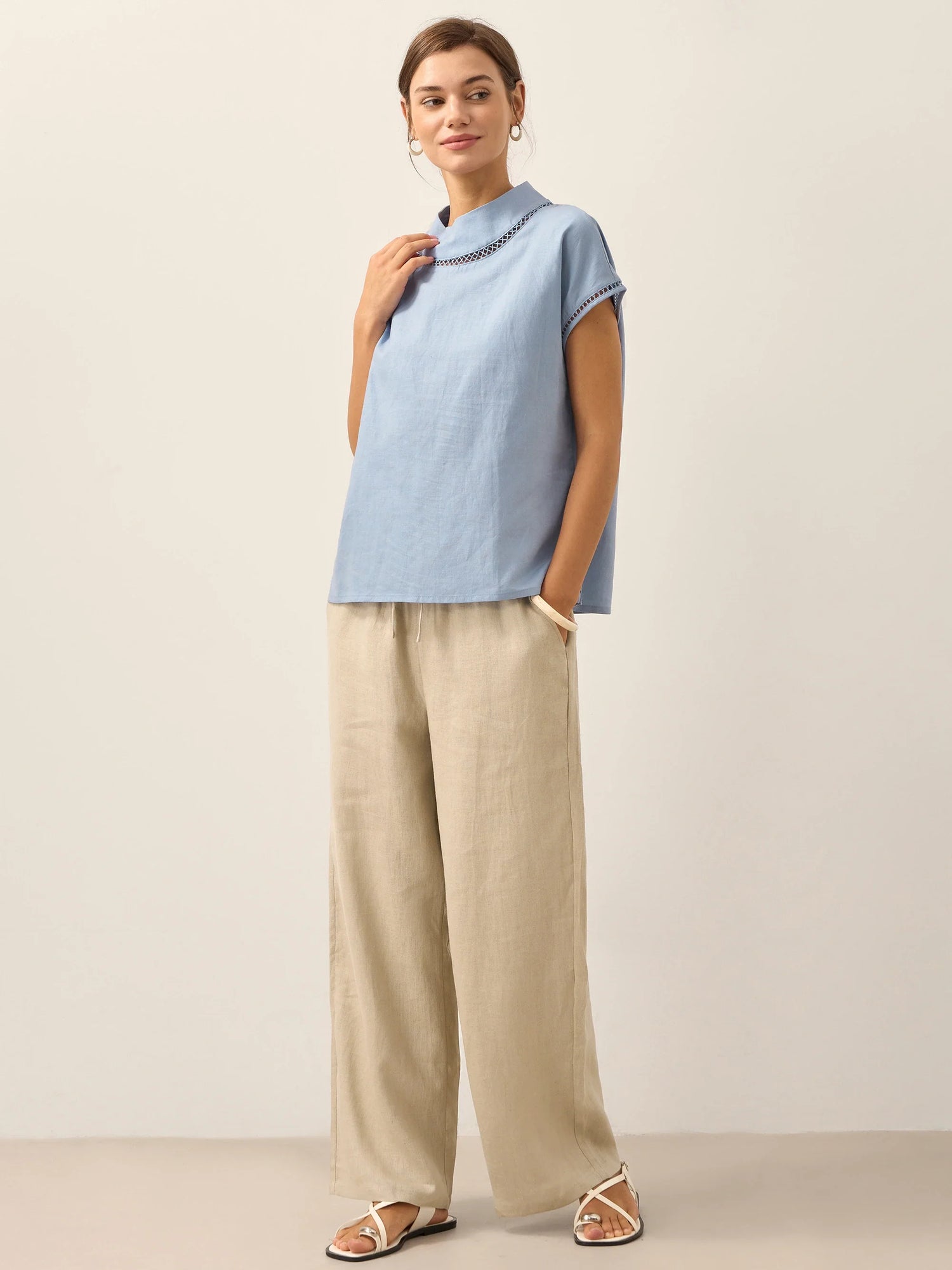 100% Linen Gingham Checked Cutout Turtleneck Top CAROL by LINTICO